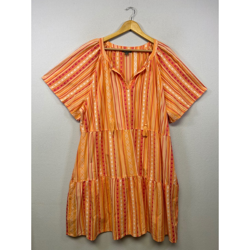 Boho Summer Style & Co. Womens 3X Orange Striped Tiered Tassel Cotton Mini Dress